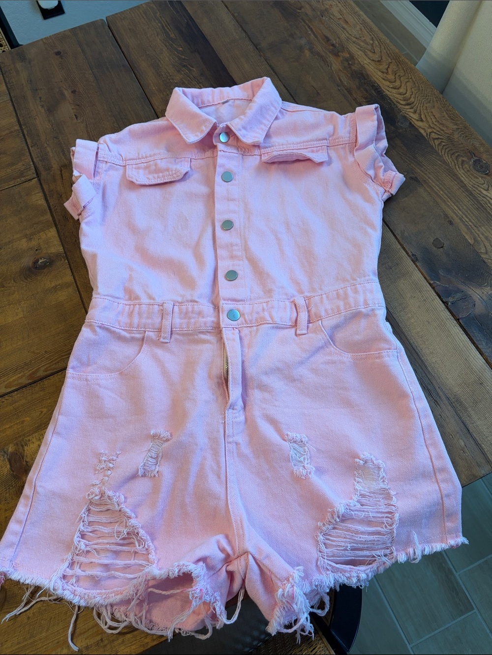 Soft Pink Distressed Denim Romper